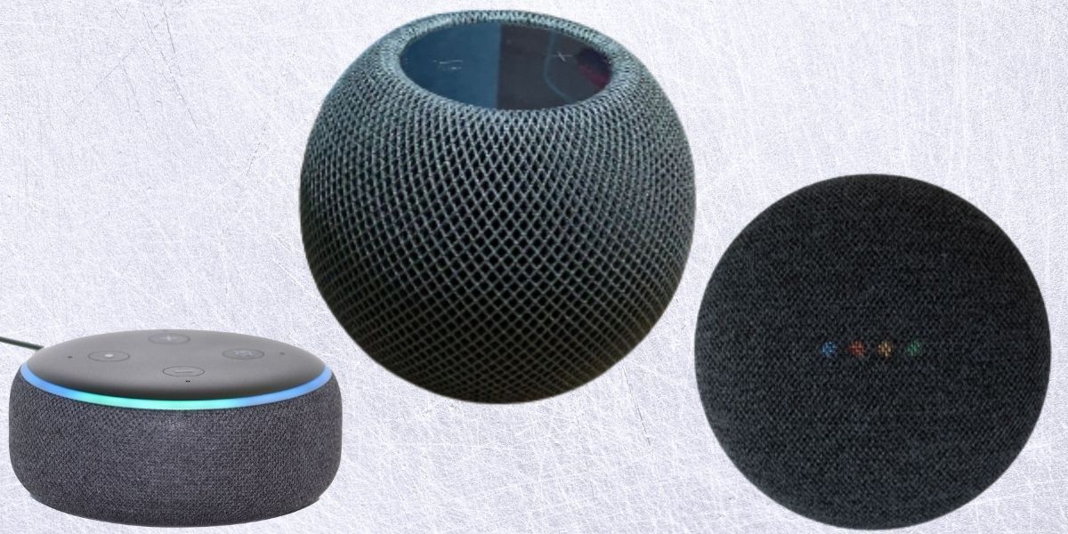 apple homepod mini با google nest mini و amazon echo dot در پس زمینه سفید