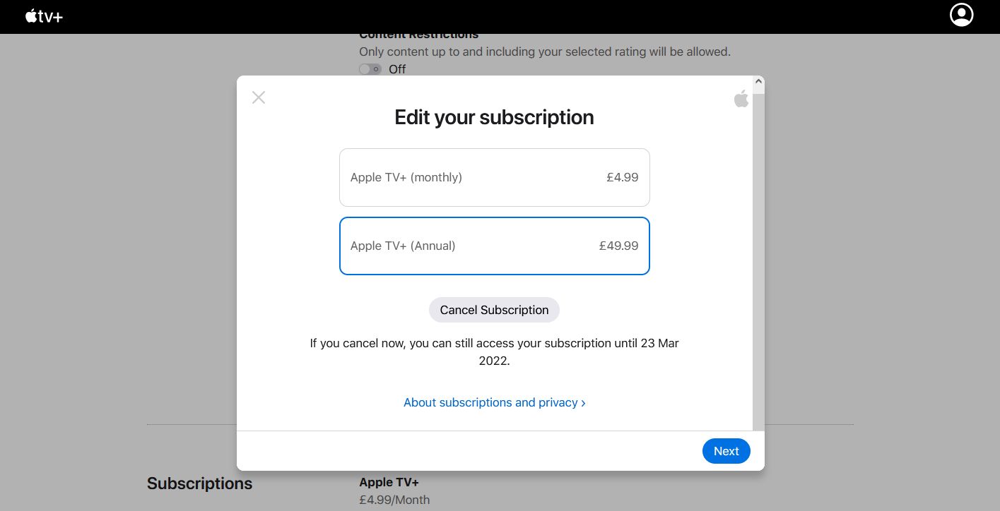 apple tv+ edit your subscription