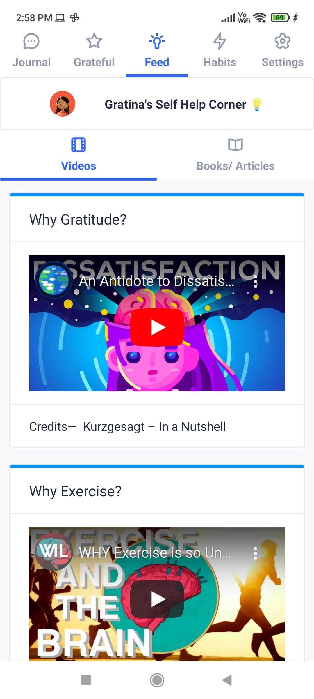 Gratitude Genie's self-help corner has several videos and articles to help boost mental health