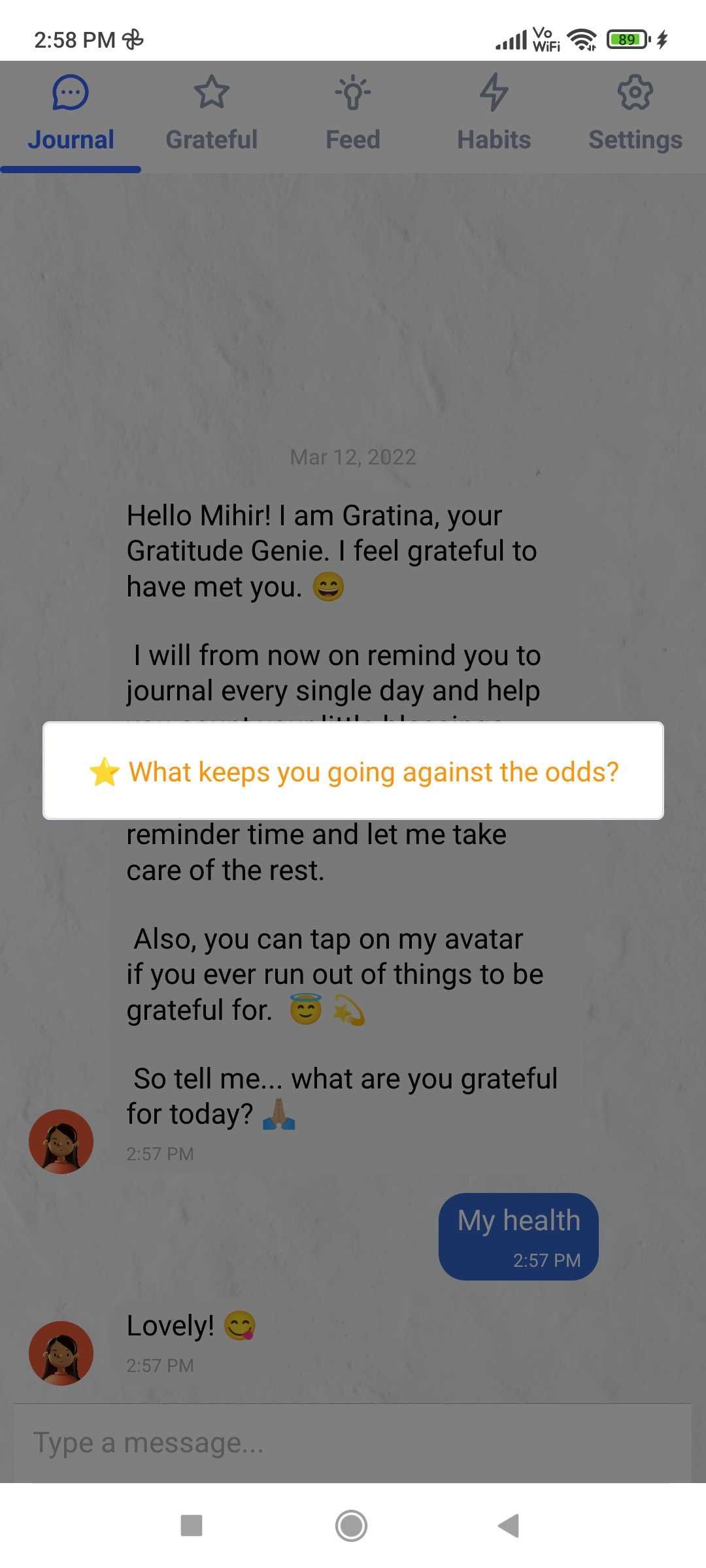 Gratitude Genie has a bot called Gratina whom you chat with to record what you're grateful for