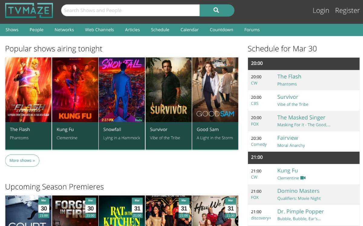 TV Maze features a comprehensive listing of every TV series, season, and episode, as well as a detailed schedule of what's airing when 