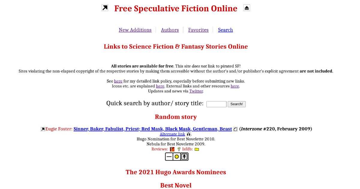 Free Speculative Fiction Online is a virtual directory of the best science fiction writing online, and where to find it