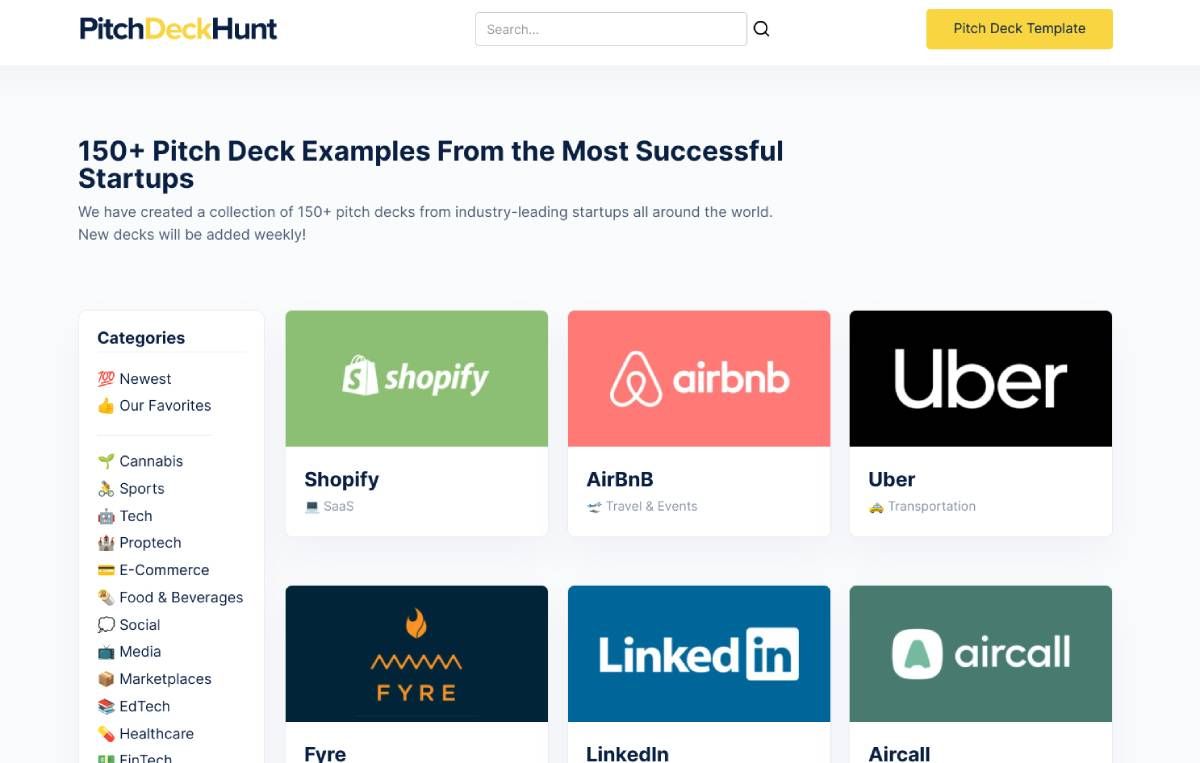 PitchDeckHunt collects pitch decks from 150+ startups, sorting them by category and funding stage to quickly find what you're looking for