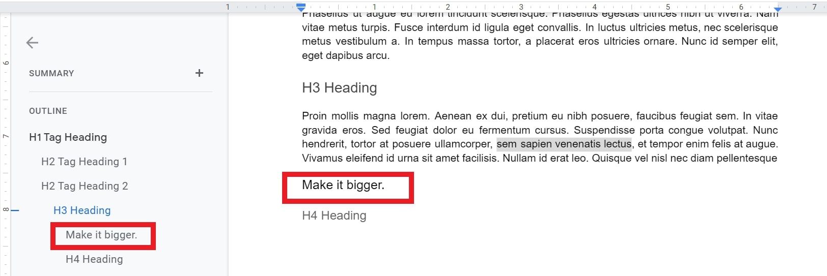 A screenshot showing that bigger text will show in an article outline