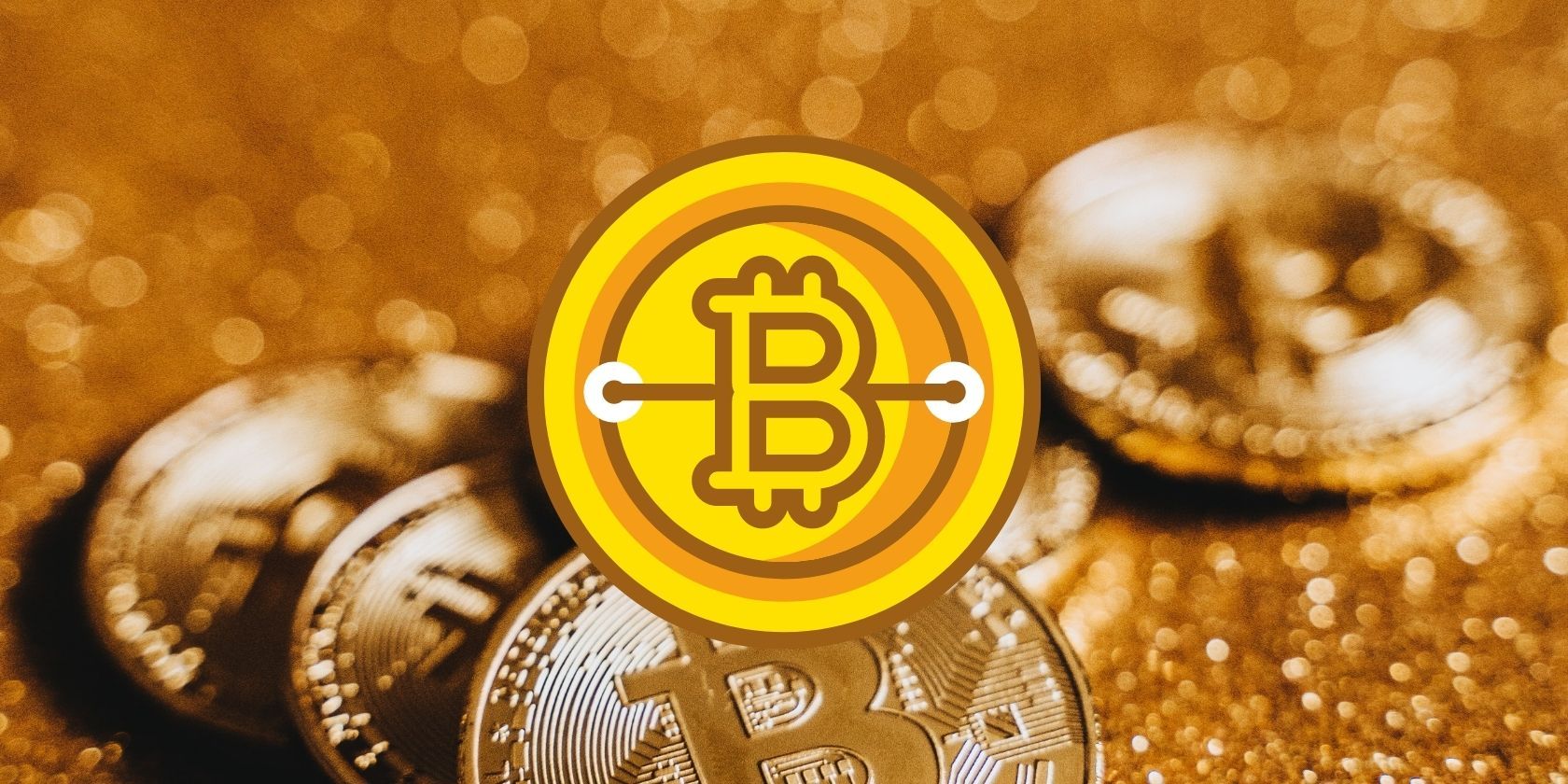 gold bitcoin logo in front of coins on gold glitter