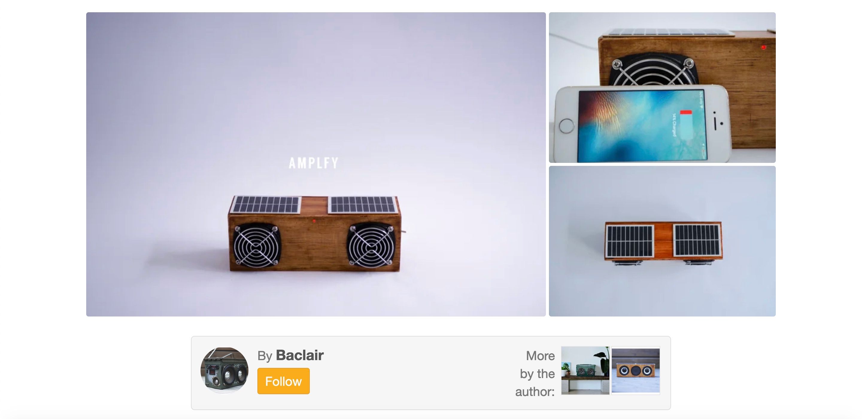 A screenshot showing a photo of a small wooden speaker with solar panels integrated on top