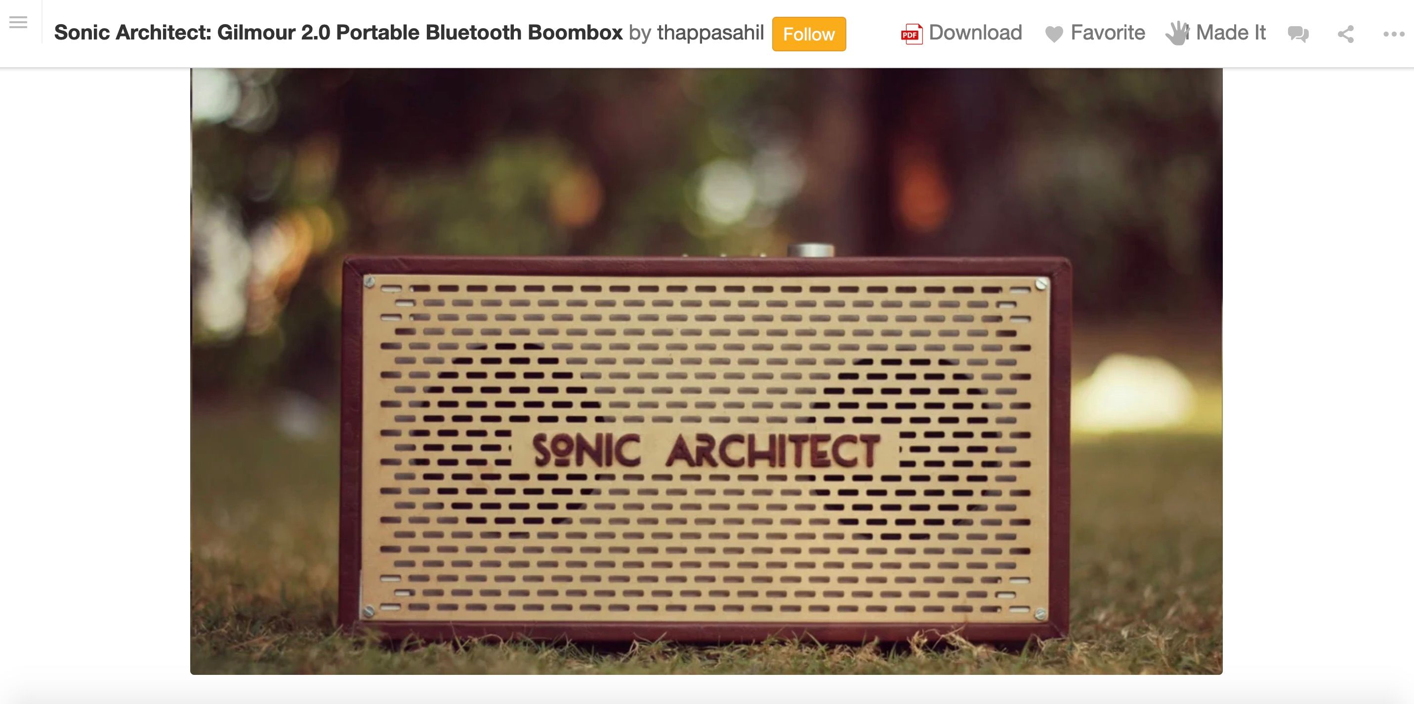 A screenshot showing a photo of a vintage-look oblong speaker with the name 'sonic architect' on the front panel