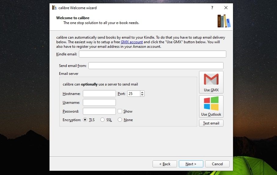 Screenshot showing Calibre's email settings