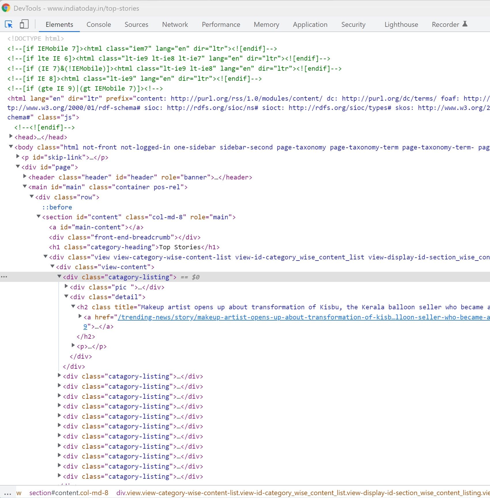 India Today website HTML code window