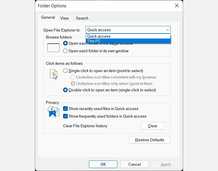 Changing File Explorer start folder to This PC.
