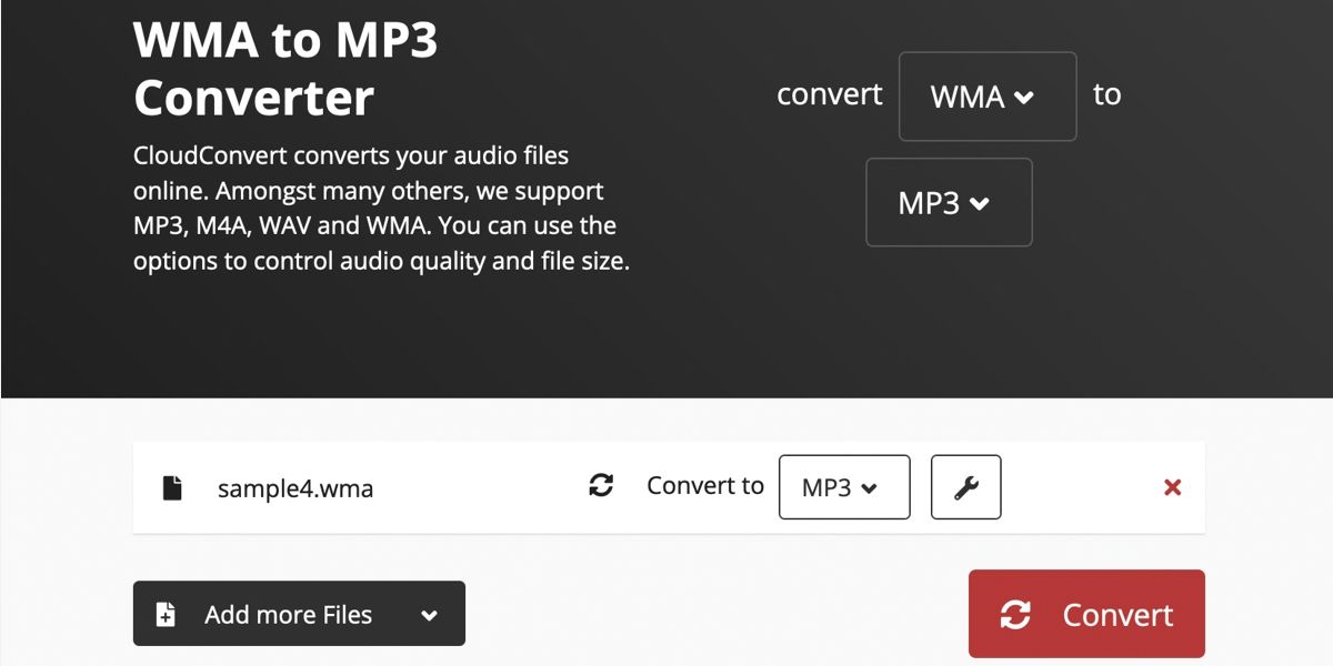 CloudConvert conversion screen with WMA to MP3 selected