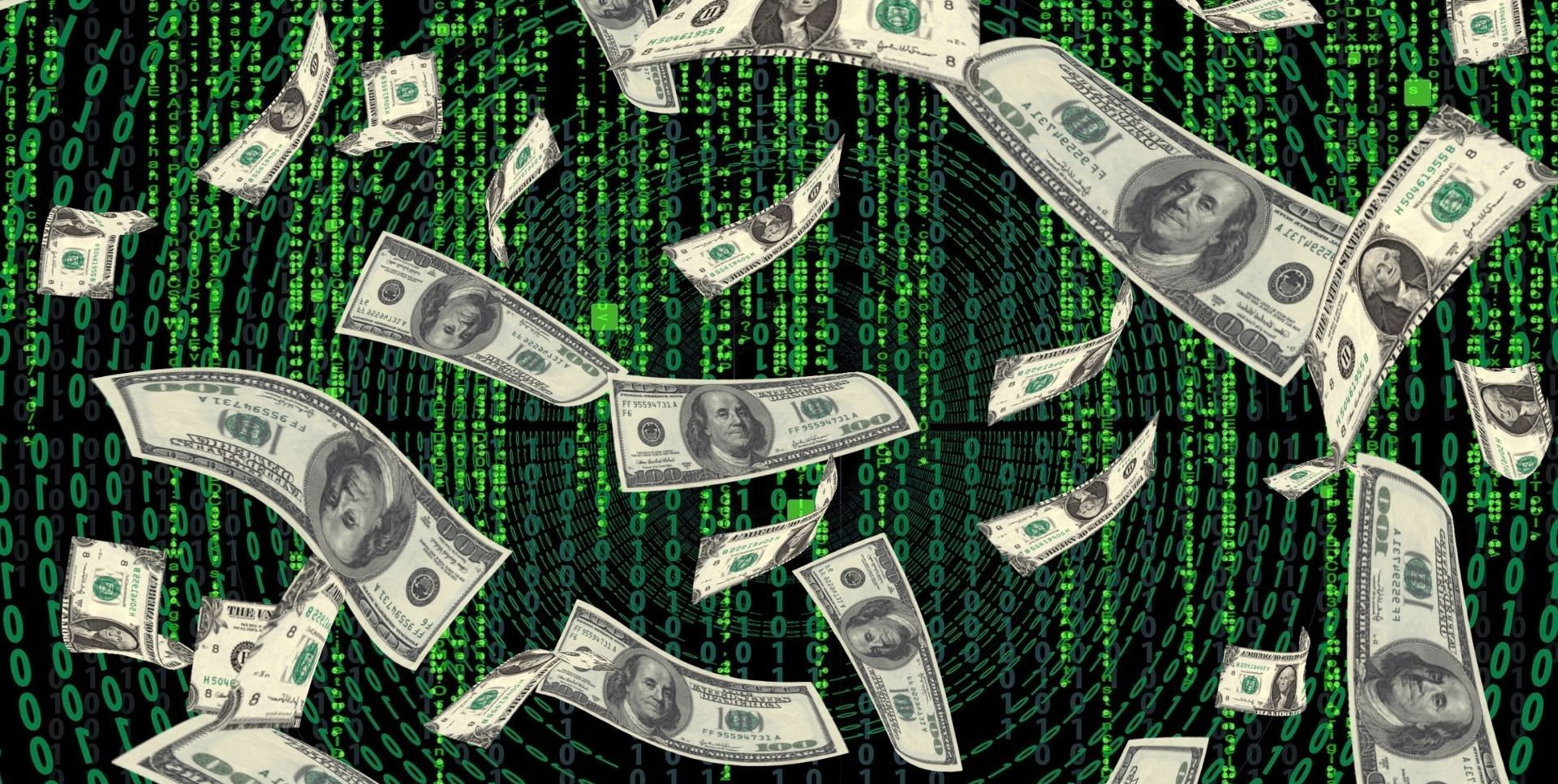 binary code behind falling dollar bills