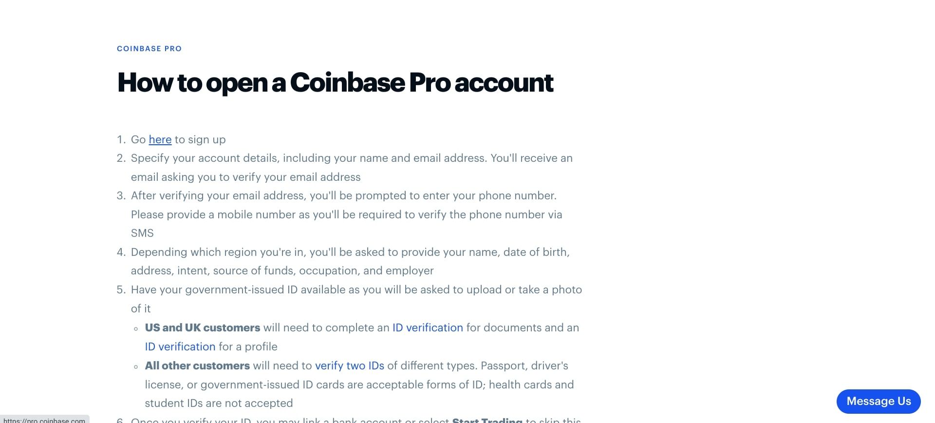 screenshot of coinbase pro sign up tutorial page