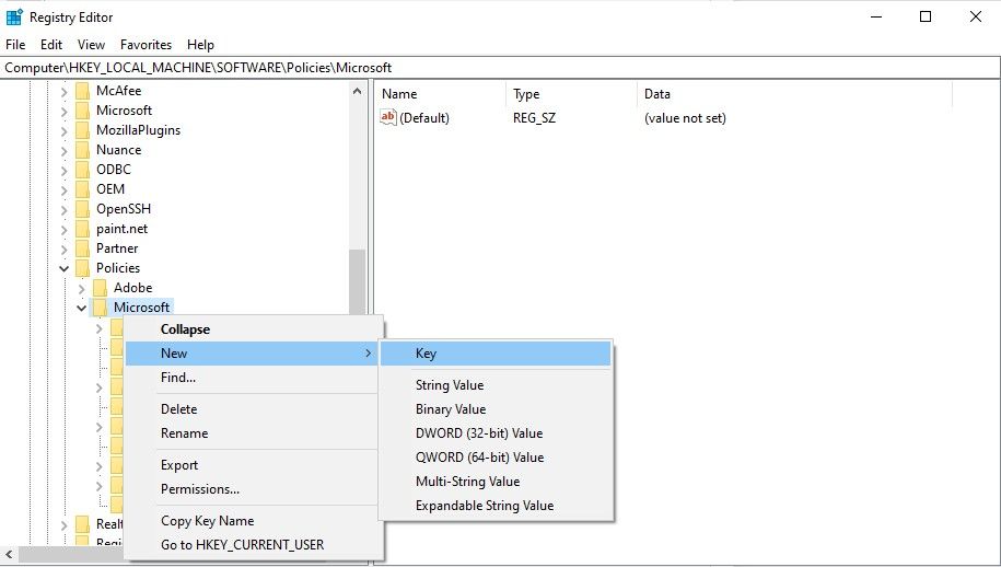 creating new key in registry editor