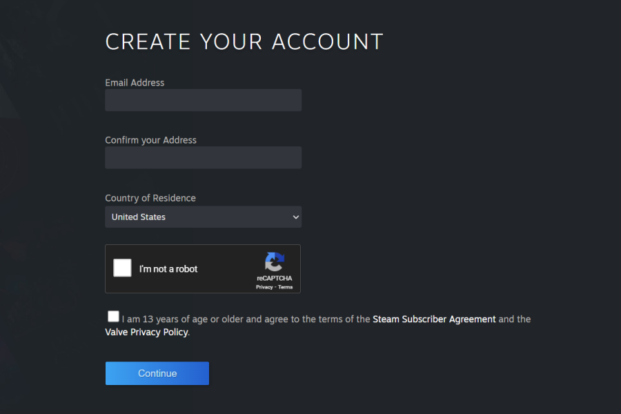 entering email address and country of residence when creating steam account