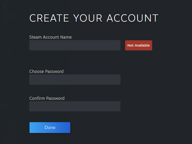 entering username and password when creating a steam account