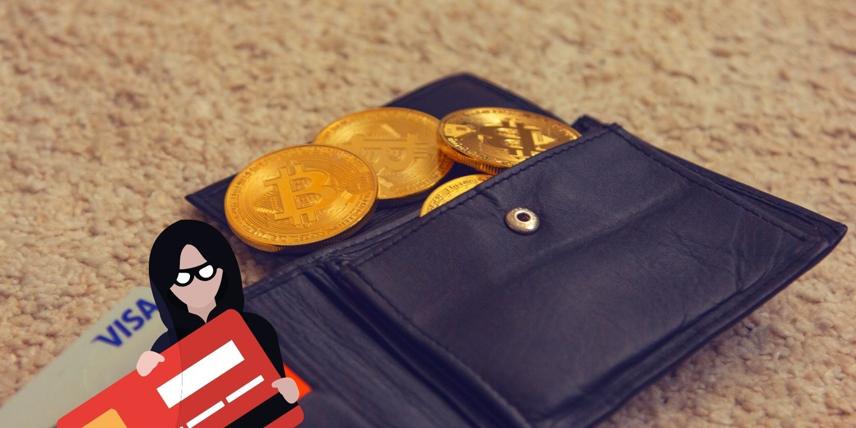 Hacker credit card graph juxtaposed against a wallet with bitcoins