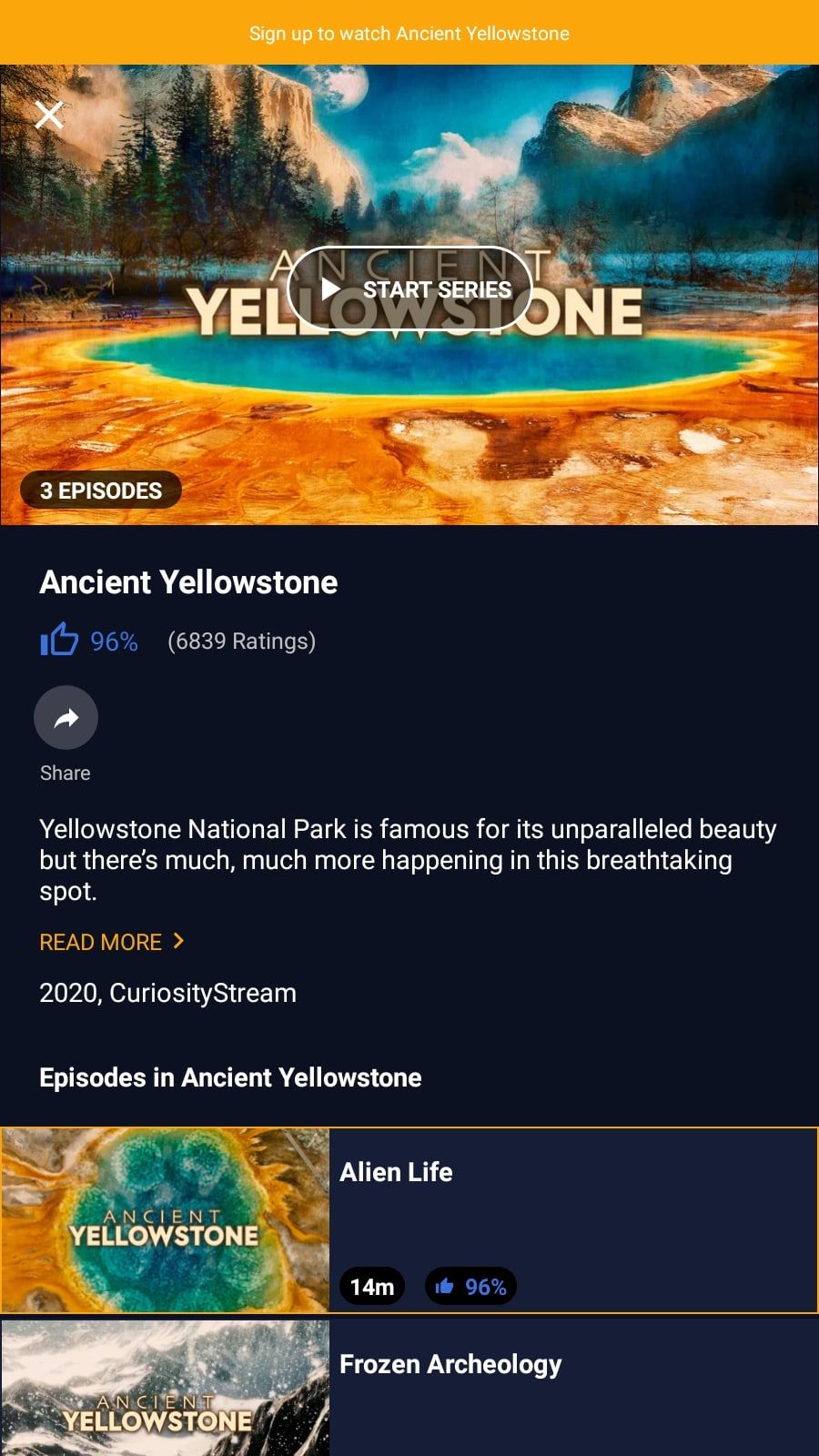 Yellowstone documentary in CuriosityStream