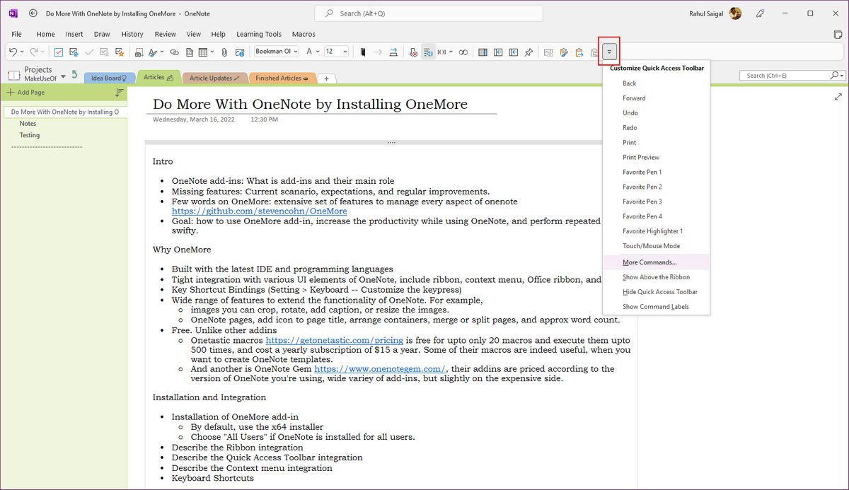 customize the quick access toolbar in OneNote
