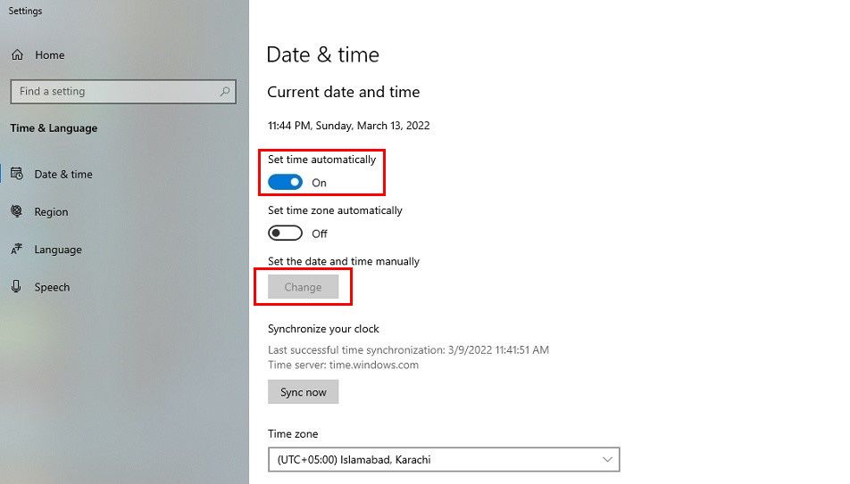 date and time in Windows settings