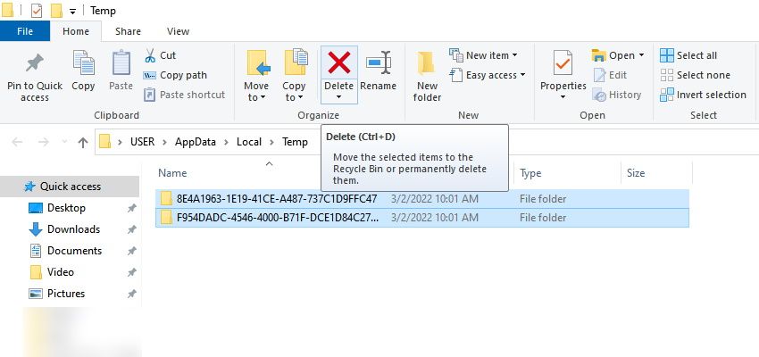 Deleting temp files in Windows 10.