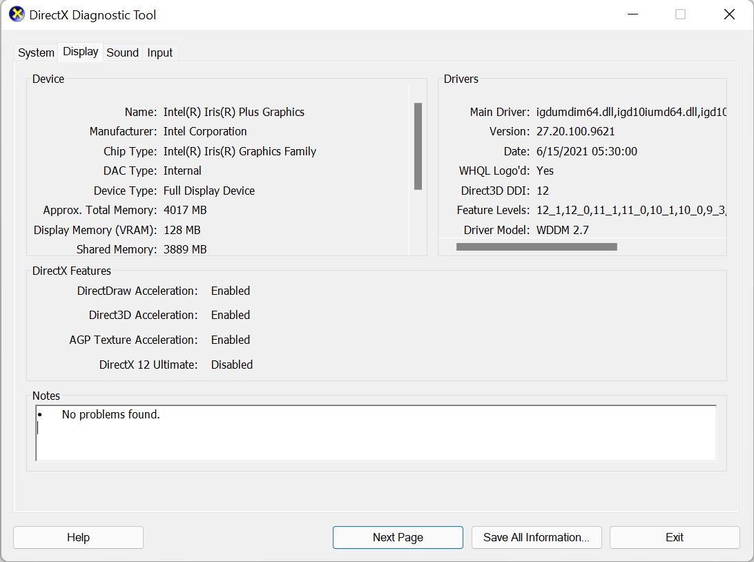 The DirectX Diagnostic Tool window in Windows 11.