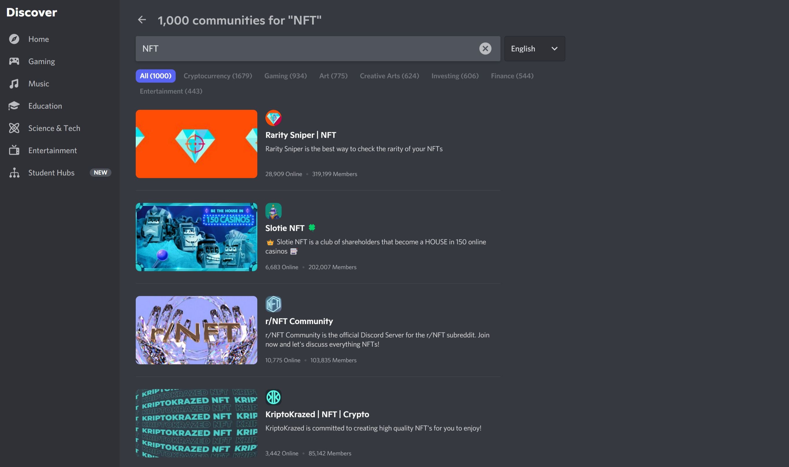 Screenshot showing search results for NFT search on Discord