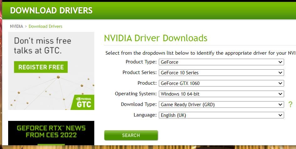The NVIDIA driver download page