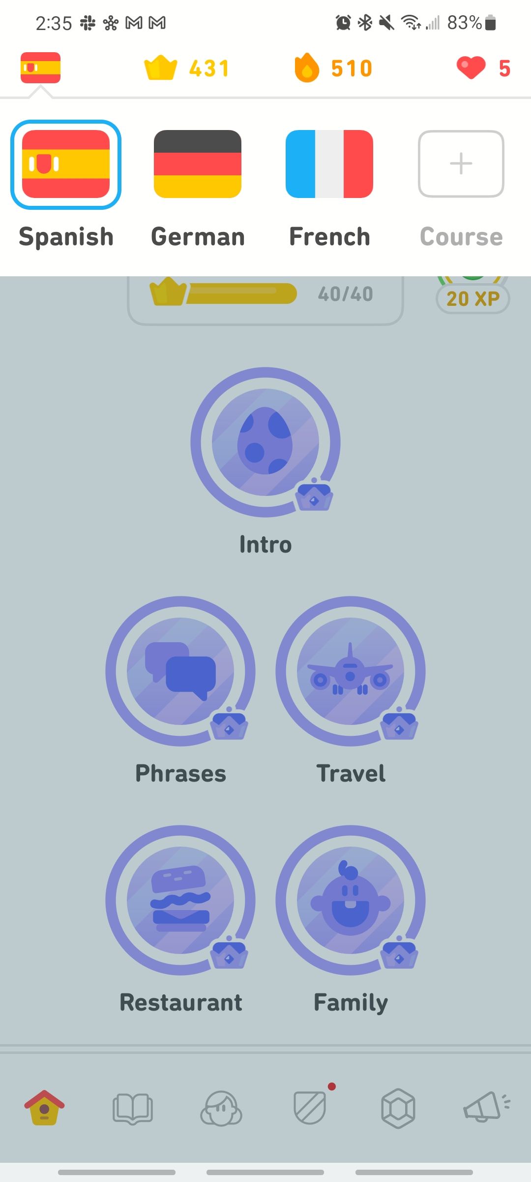 duolingo app displaying learning spanish, french, and german at the same time