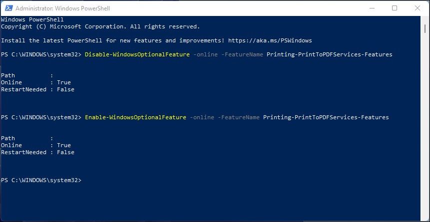 enable print to pdf optional feature powershell