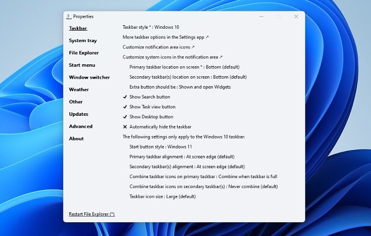 menu showing ExplorerPatcher properties
