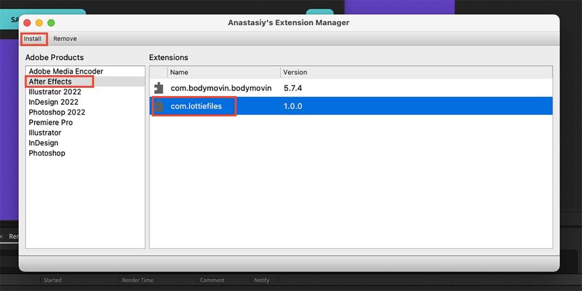 تصویر صفحه نمایش Anastasiy Extension Manager و افزونه LottieFiles را نشان می دهد