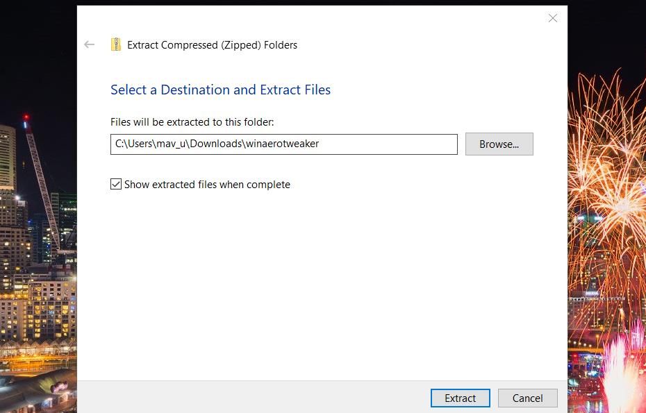 پنجره Extract Compresed Folders