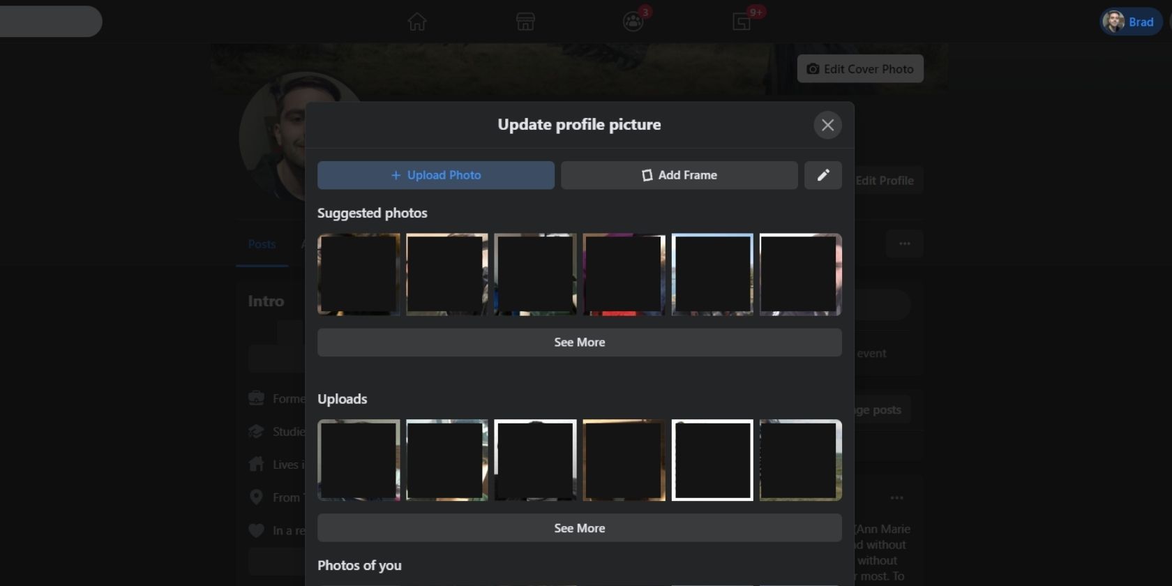 The Update Profile Picture menu on the Facebook web browser.