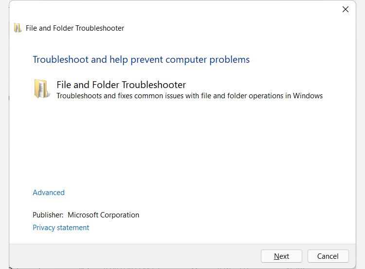 file and folder troubleshooter in Windows 11.