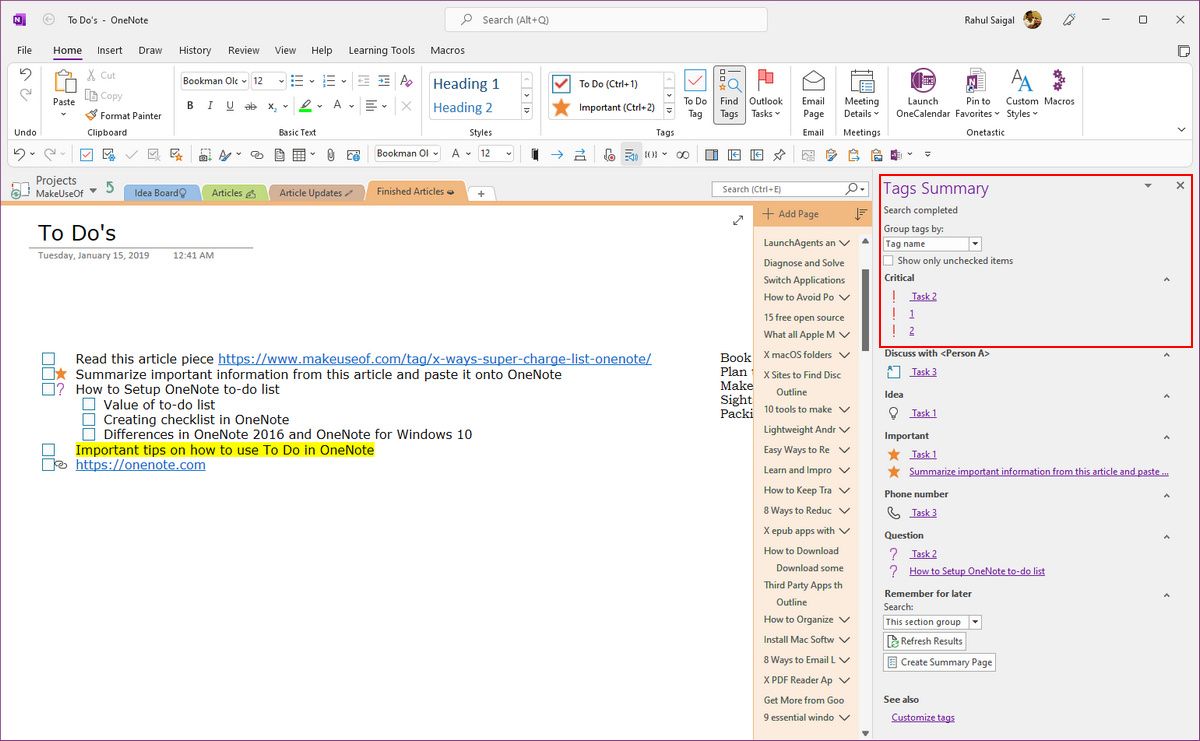 filter your to do summary OneNote2021