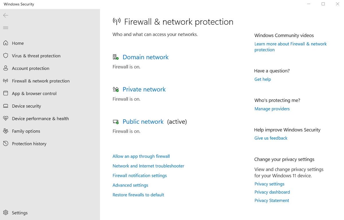 firewall and network settings