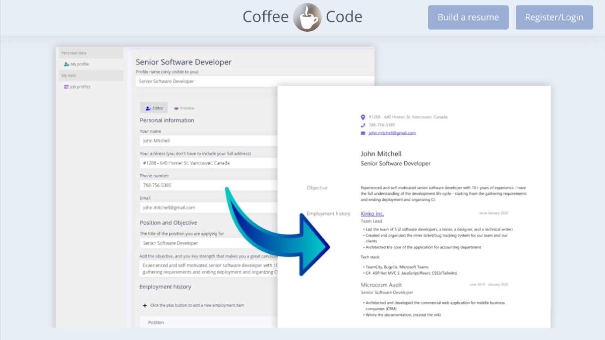 Coffee Code Club is a free, simple, no-signup, customizable online resume builder