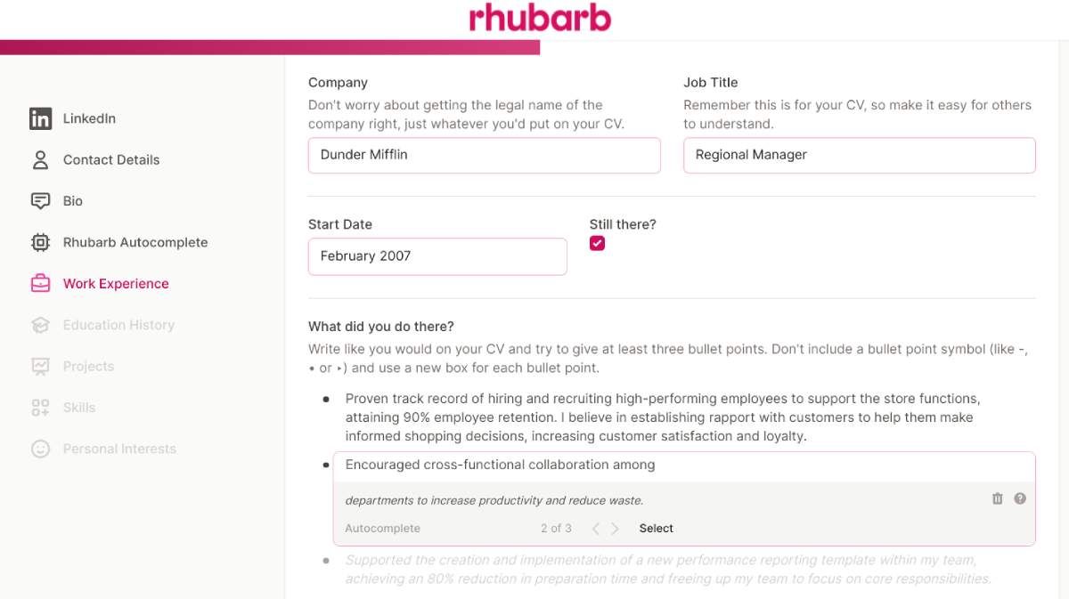 Rhubarb gives AI suggestions to improve your resume and tailors it to job descriptions