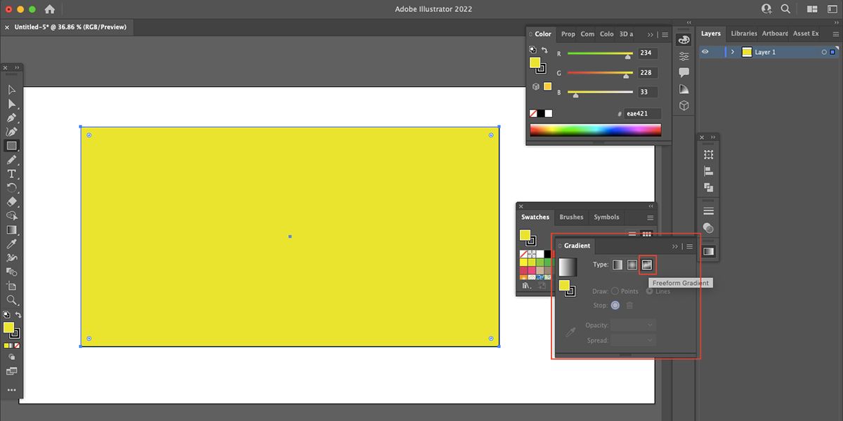 Adobe Illustrator screen showing the freeform gradient tool selection.