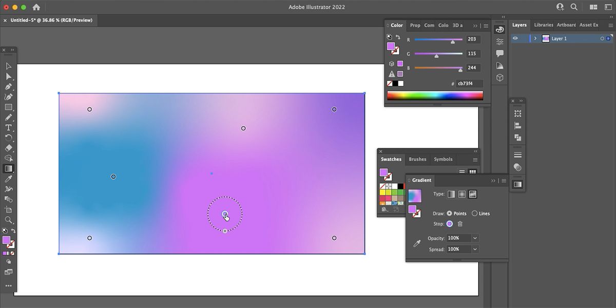 Illustrator freeform gradient tool with new colors.