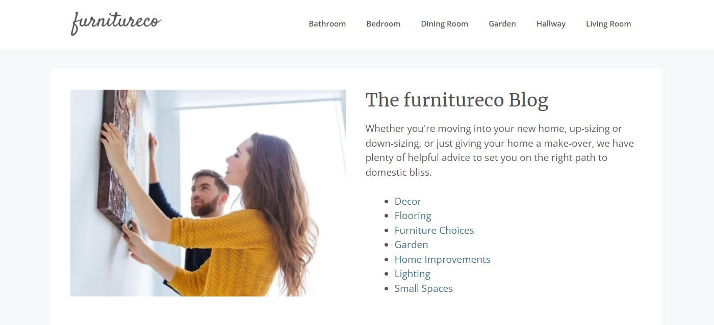 A Screenshot of the furnitureco blog's Landing Page