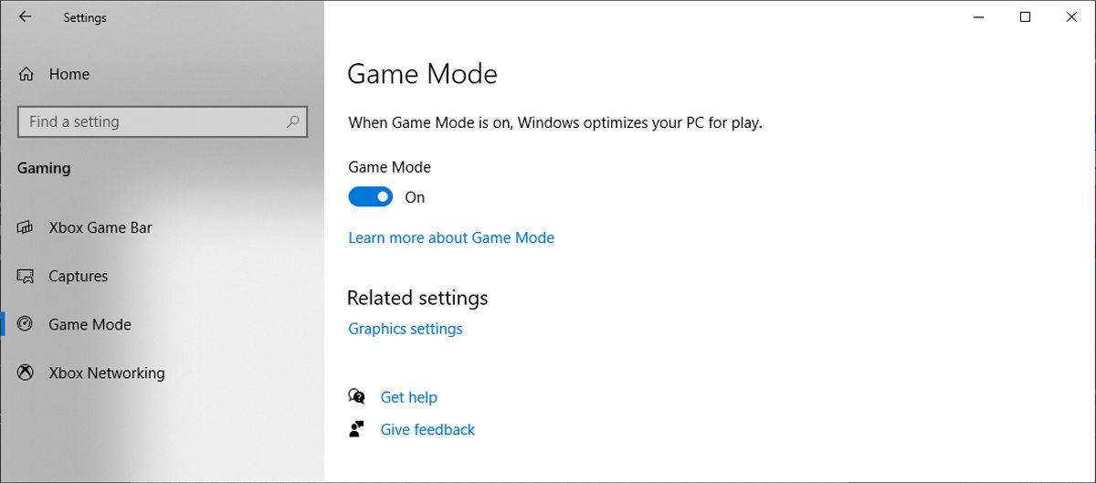 Game Mode settings in Windows 10.