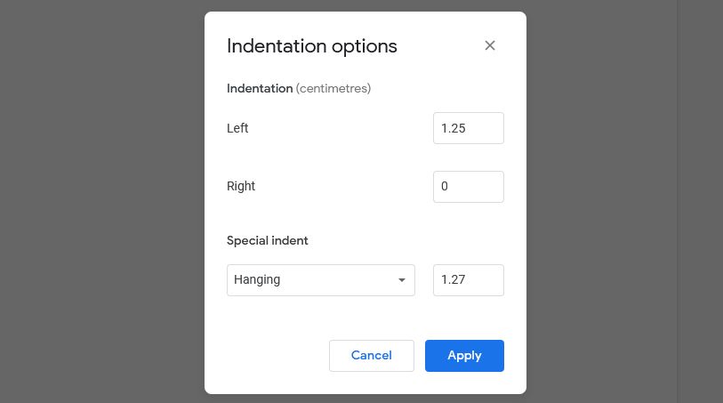 google docs indent options