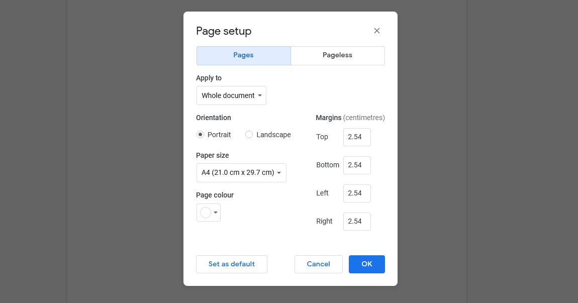 google docs page setup