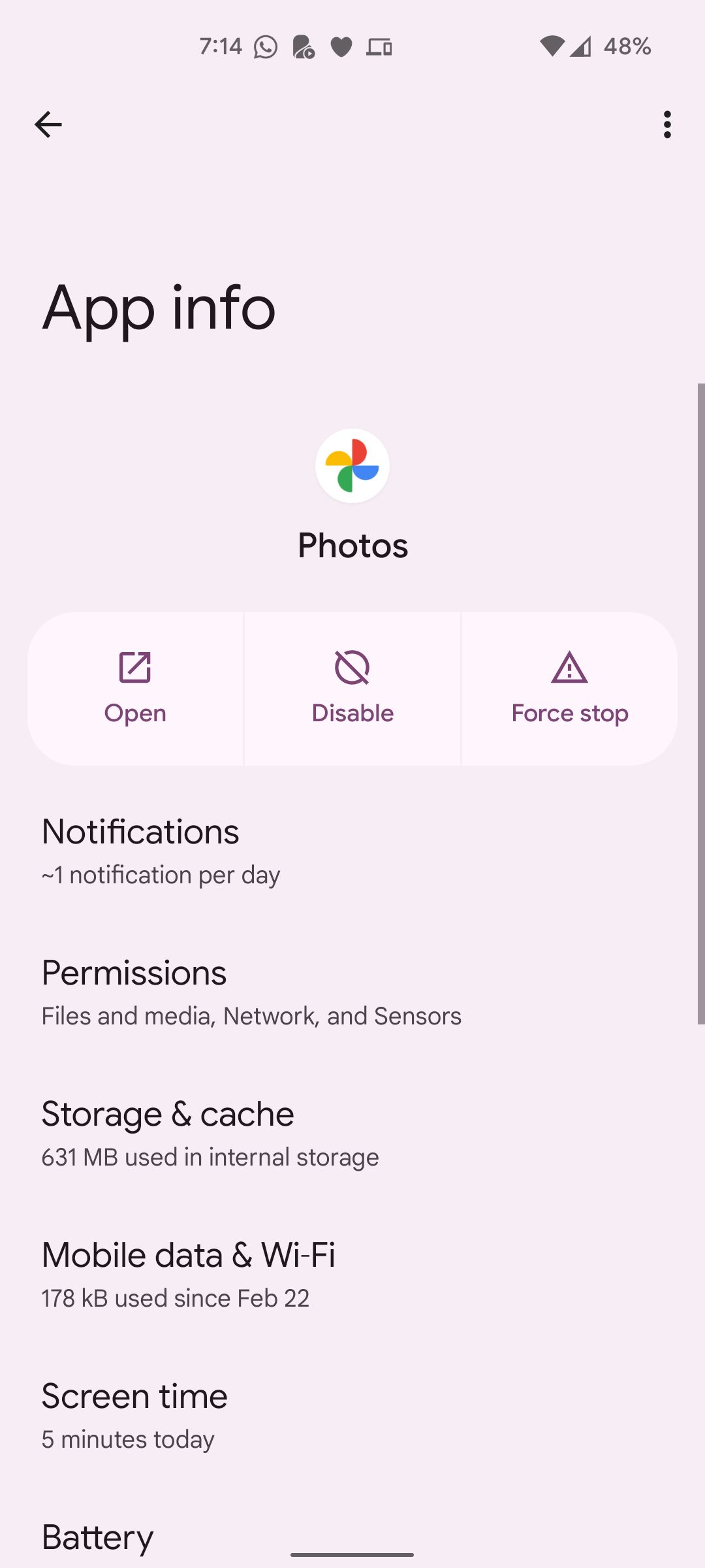 اطلاعات برنامه Google Photos با گزینه‌ها