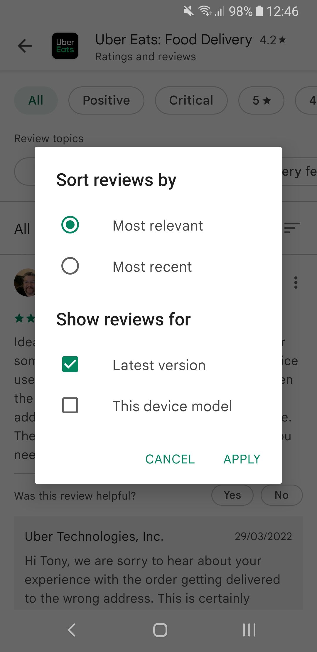 google play store sort reviews