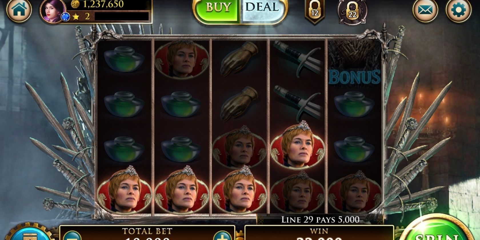 A bet result on the Game of Thrones Slot Casino iOS app.