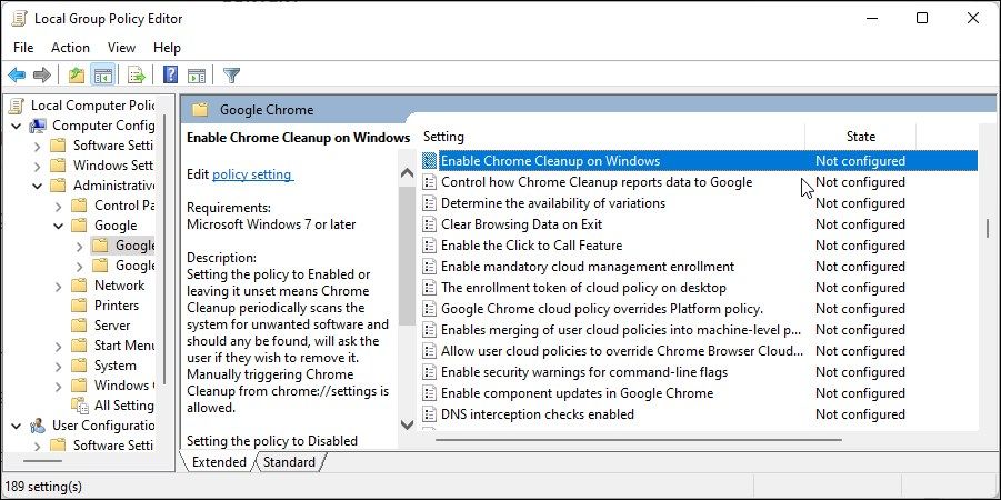 gpedit enable chrome cleanup on windows
