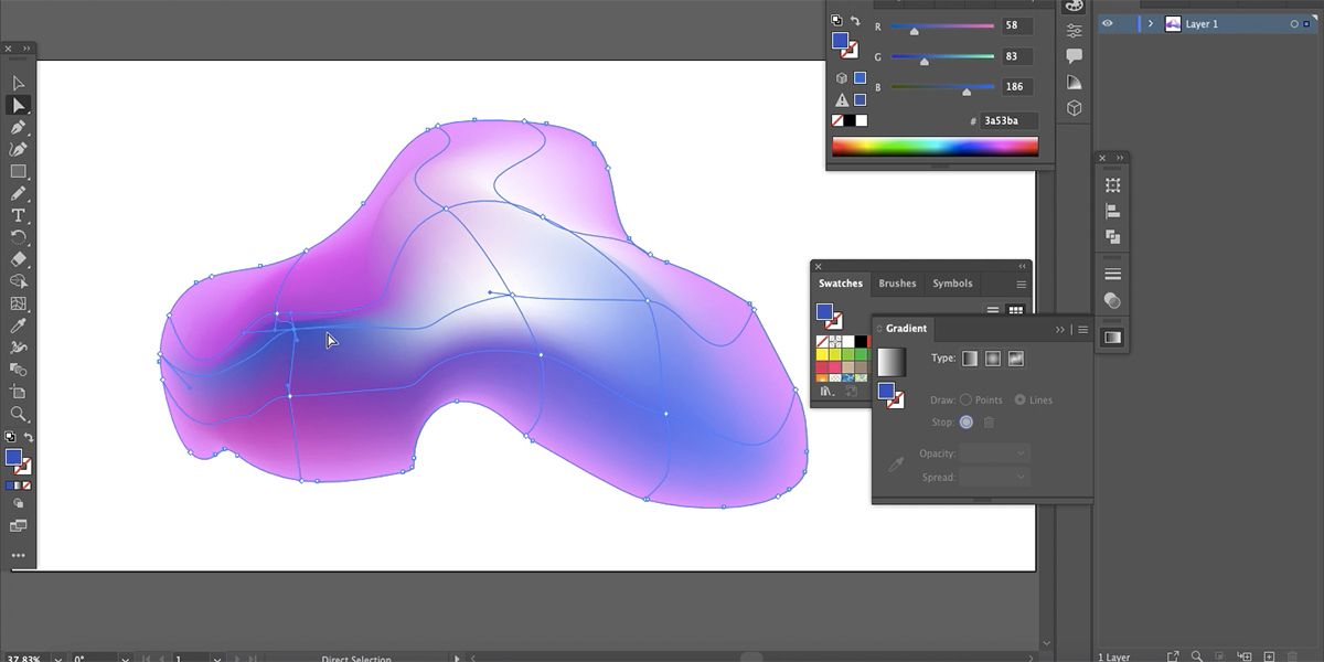 Illustrator's gradient mesh tool moving anchor points and handles.